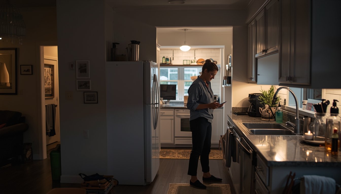 A modern home kitchen with essential appliances being checked during backup power planning
