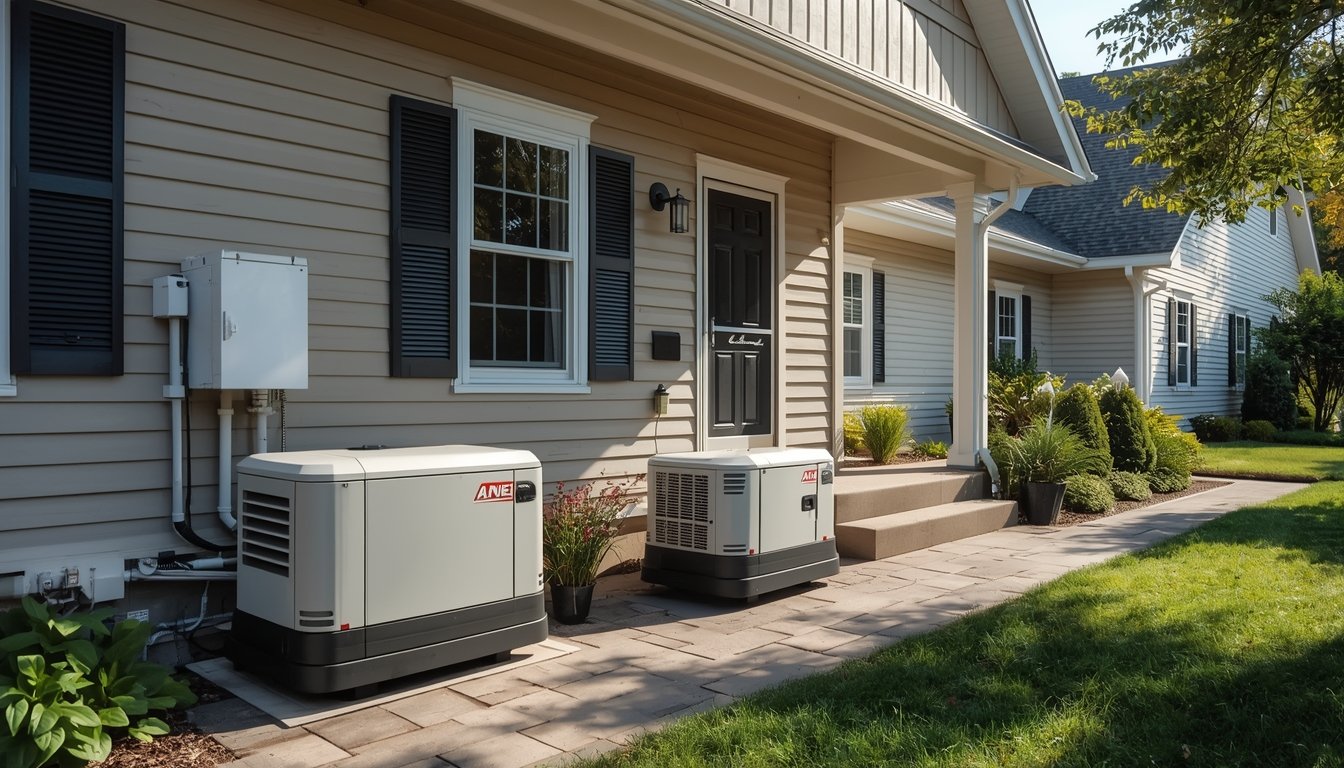A home standby generator installed near an outdoor central air conditioning unit