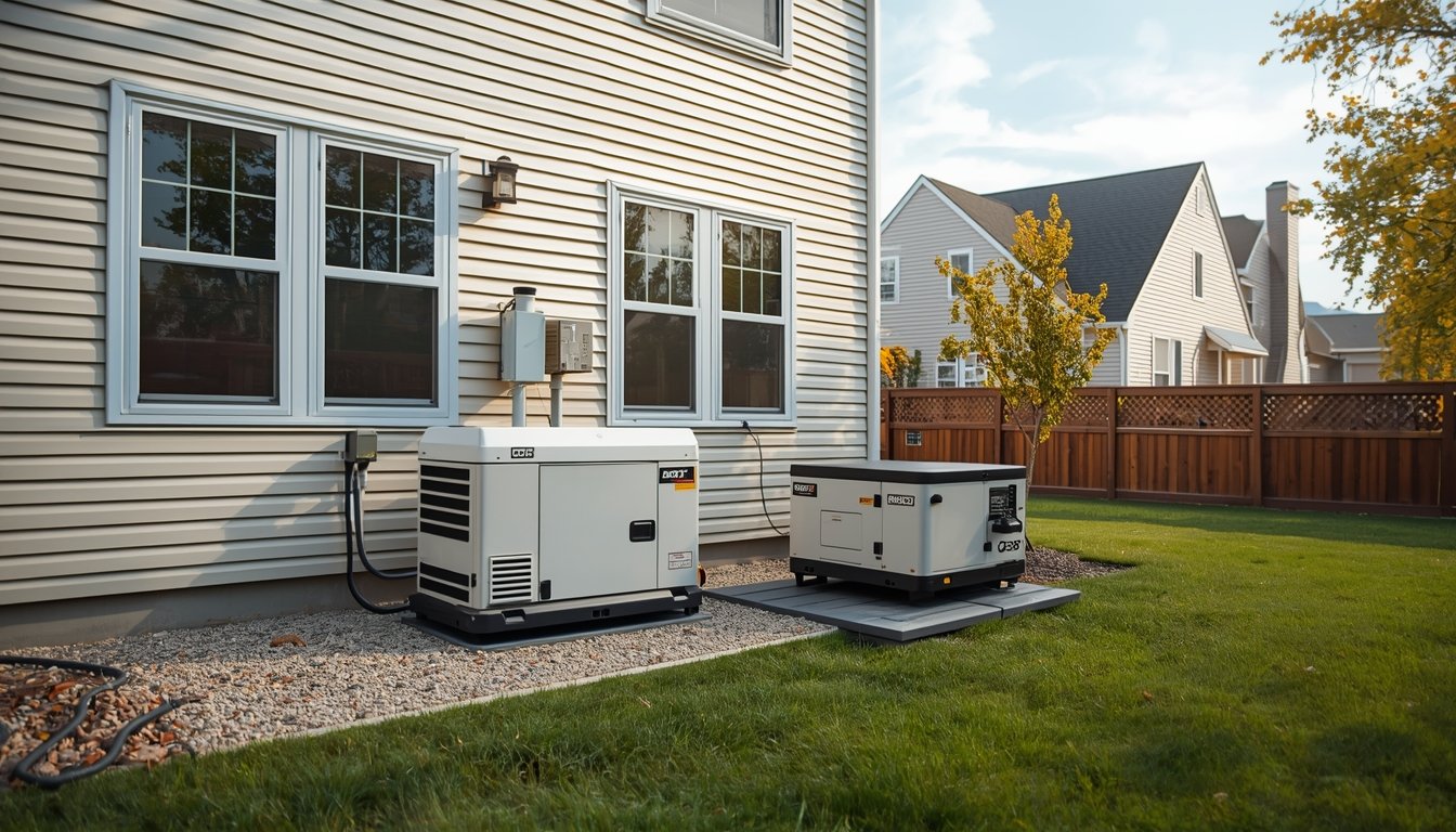 A standby generator installed outside a suburban home in a quiet residential setting