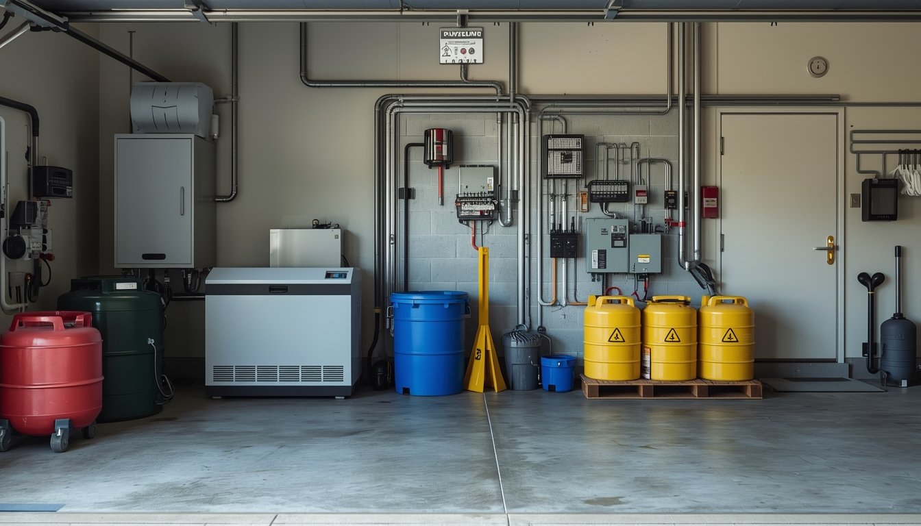 Safe gasoline containers stored neatly in a home garage for portable generator preparedness