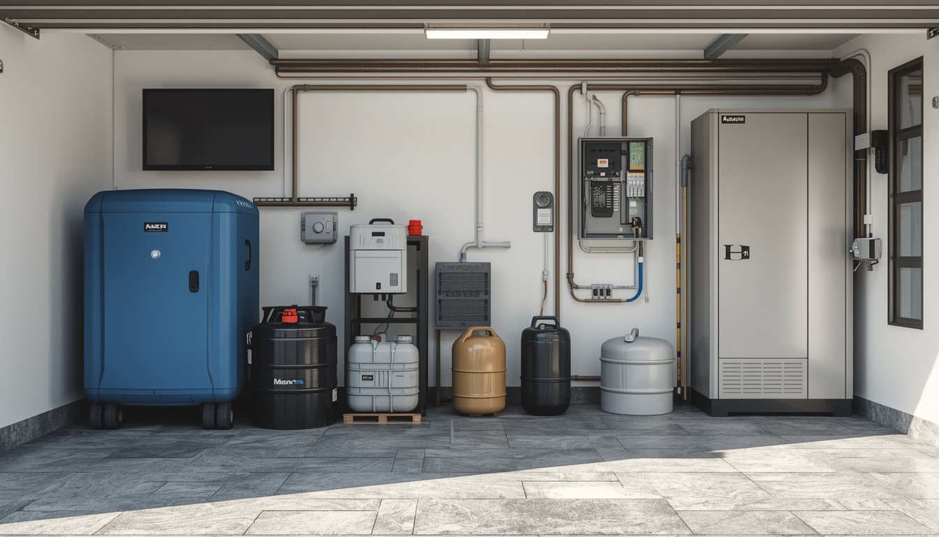 A clean indoor home battery backup system installed in a modern utility area