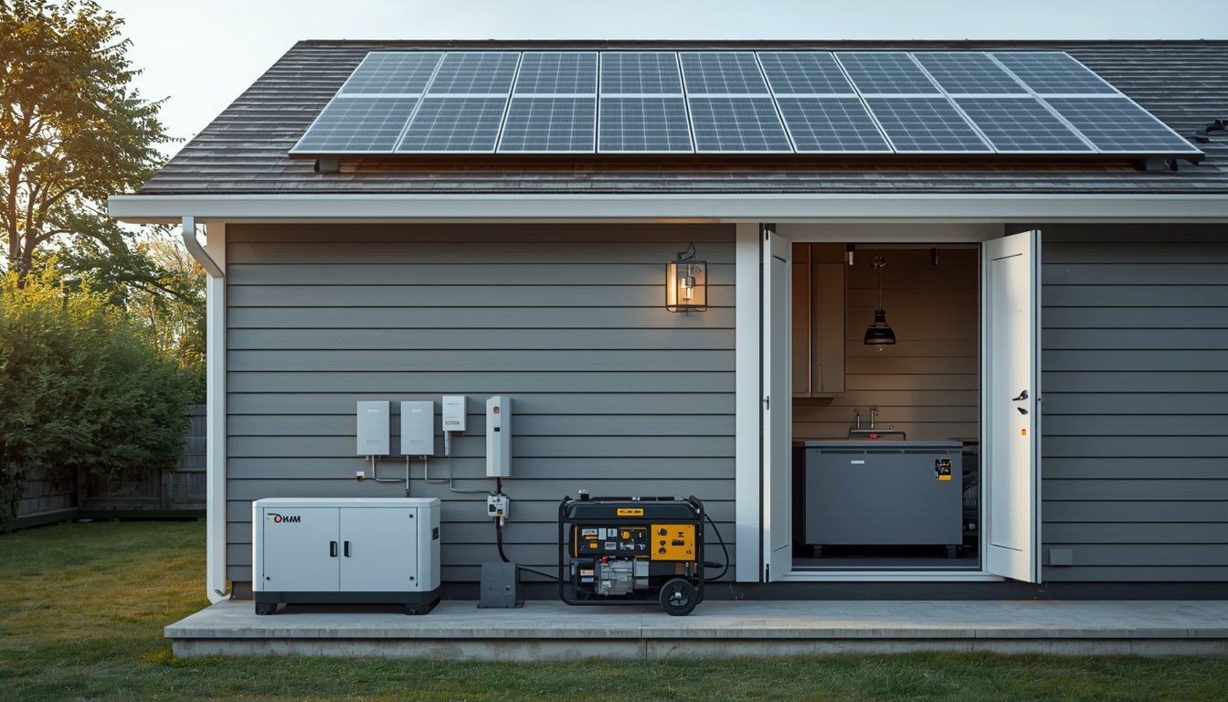 A standby generator being installed outside a modern American home