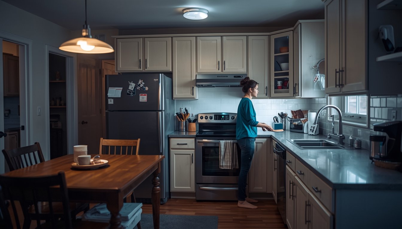 A suburban home prepared for a power outage with essential appliances and backup power equipment
