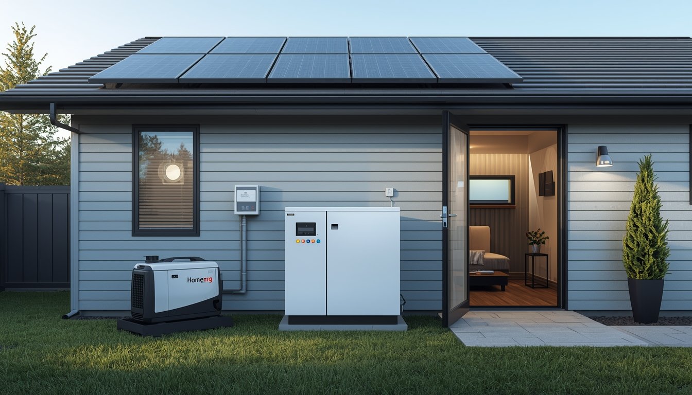 A home battery system powering essential lights and appliances during a blackout