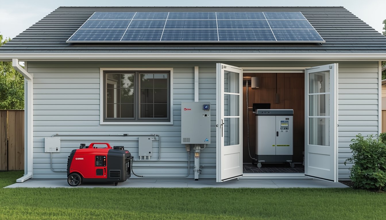 Rooftop solar panels connected to a home battery system for blackout backup power