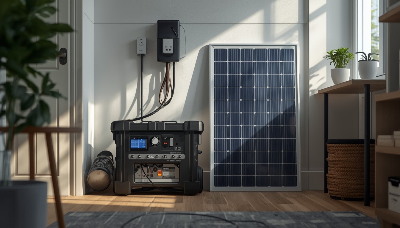 A small balcony solar panel setup connected to compact backup power equipment