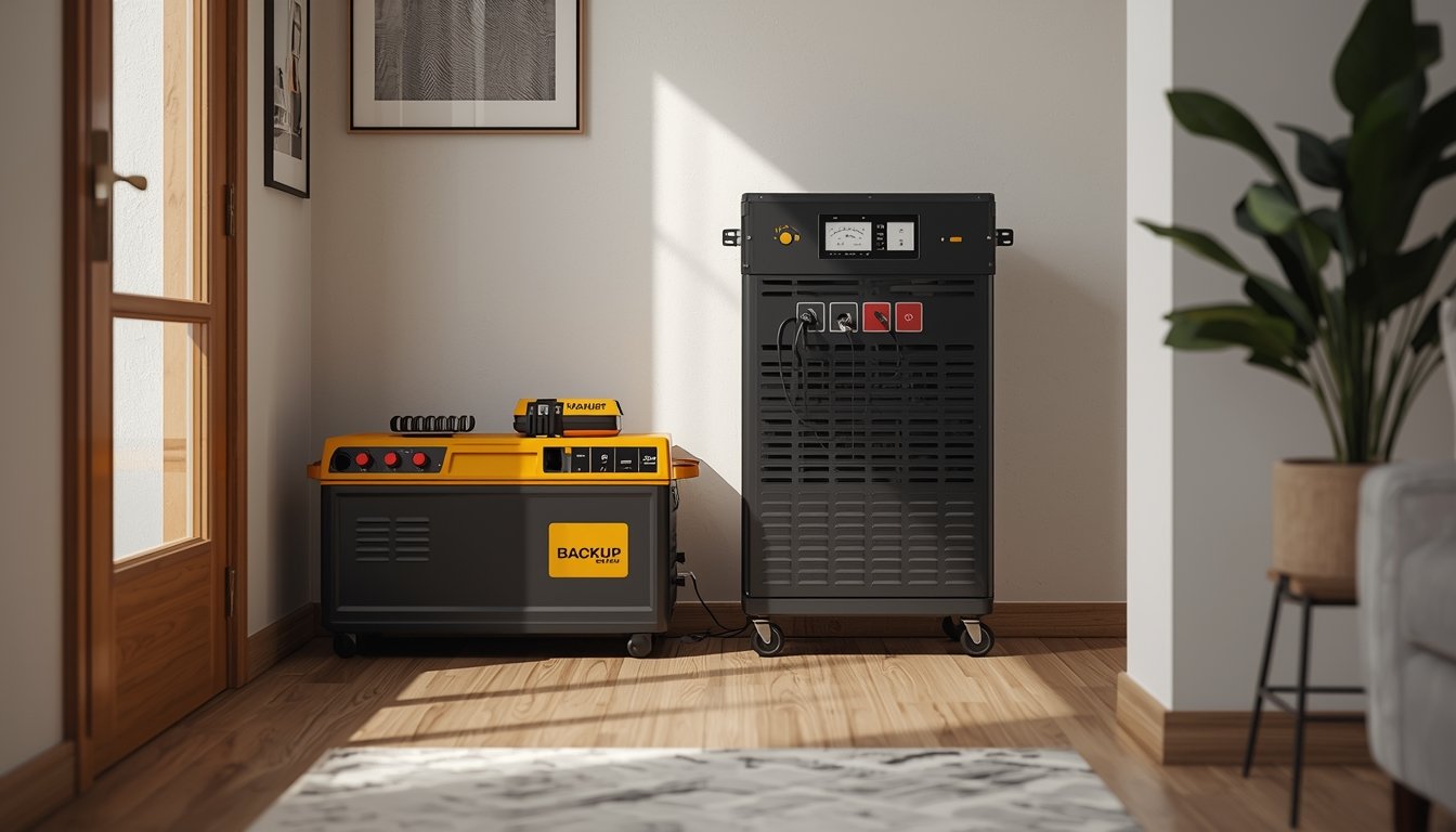 A homeowner checking backup power equipment in a garage as part of routine testing