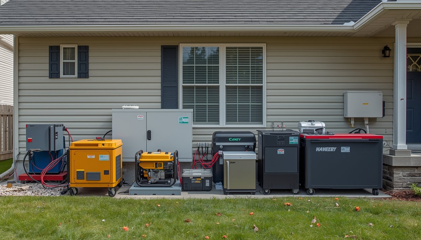 A suburban home with several backup power options including a generator battery system and solar panels