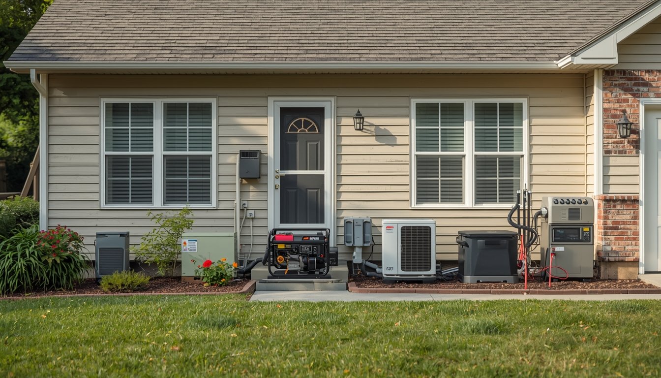 A large suburban home with a standby generator used for whole-house backup power planning
