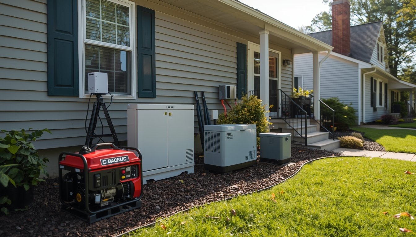 A portable power station and standby generator shown as different home backup power options