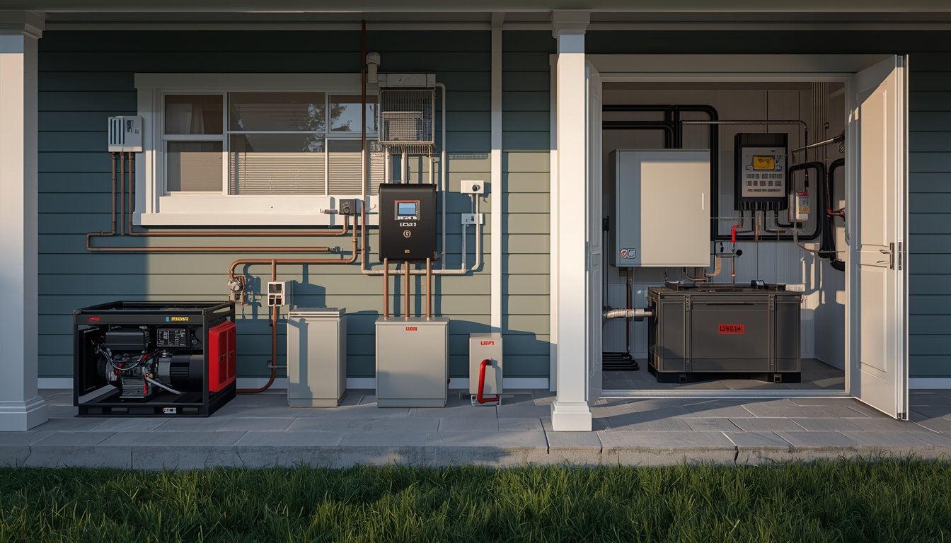 Home backup generator fuel options including propane tanks and outdoor generator equipment