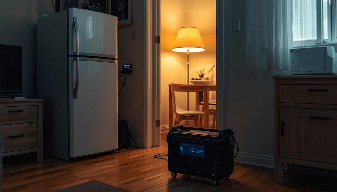 A compact portable battery backup setup inside a modern apartment