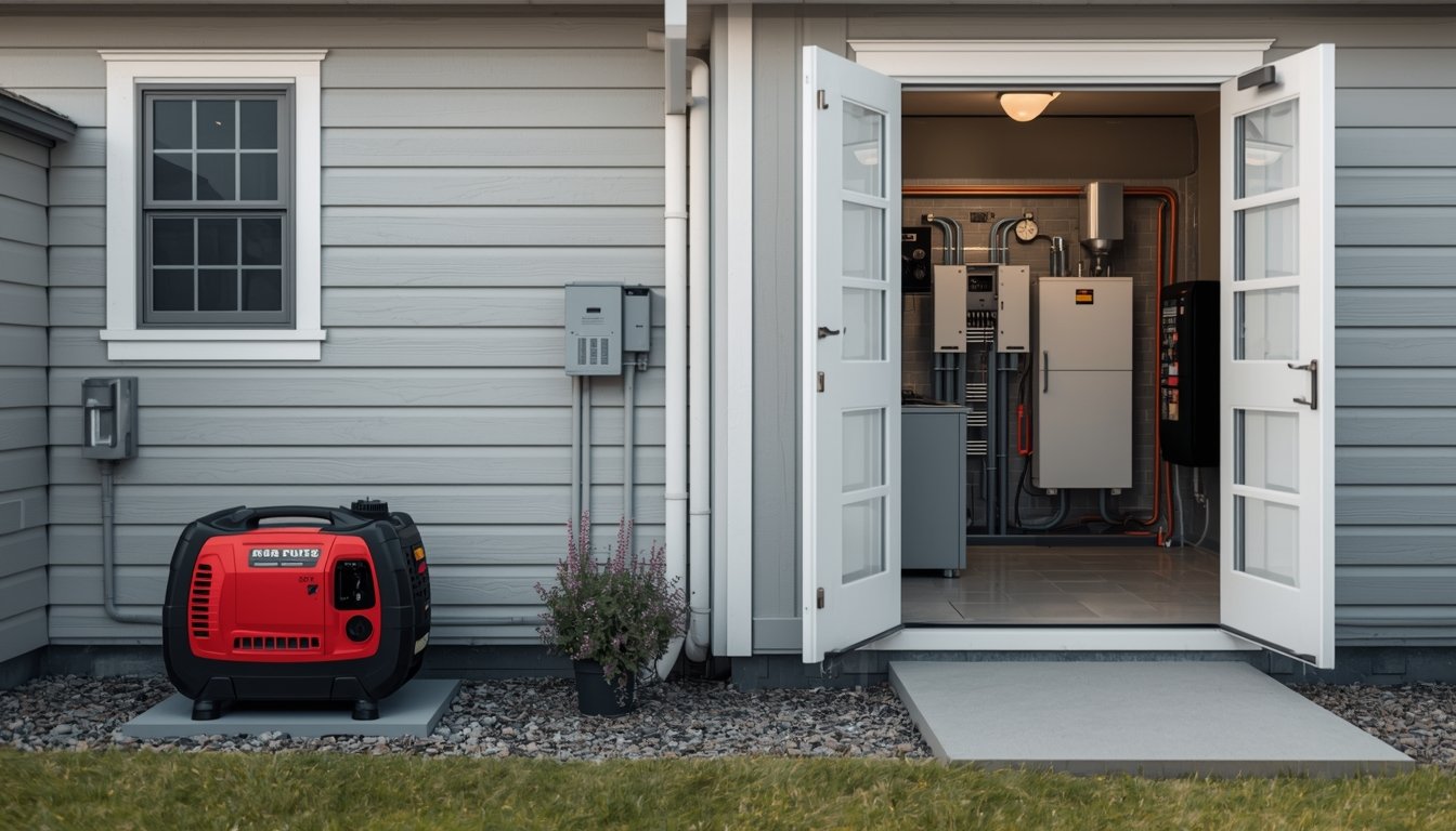 A portable generator placed safely outdoors away from windows to reduce carbon monoxide risk
