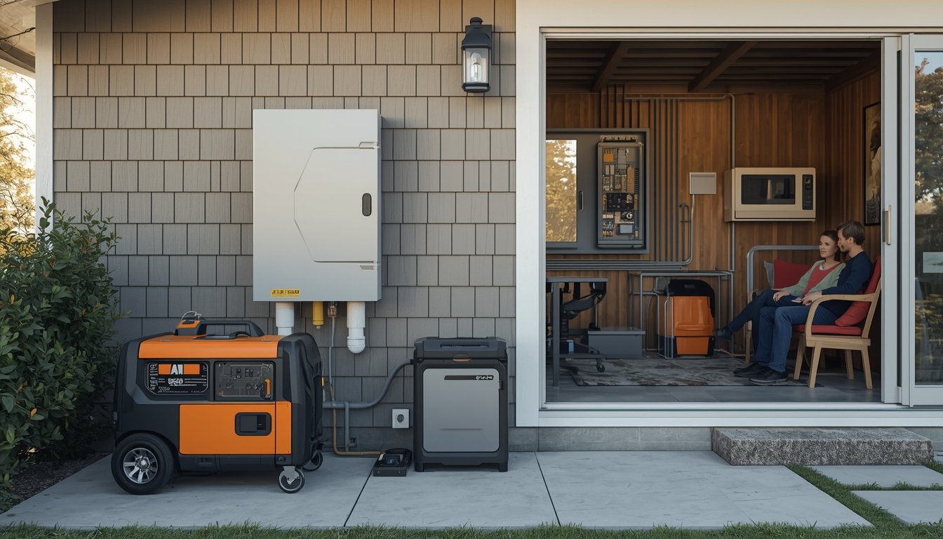 A homeowner reviewing home backup power installation plans with an electrical panel nearby