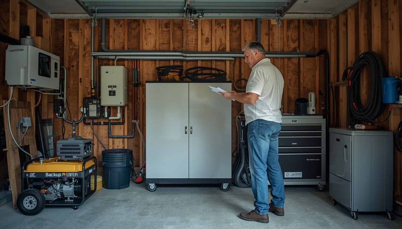A homeowner planning generator fuel use and outage runtime with backup power equipment nearby