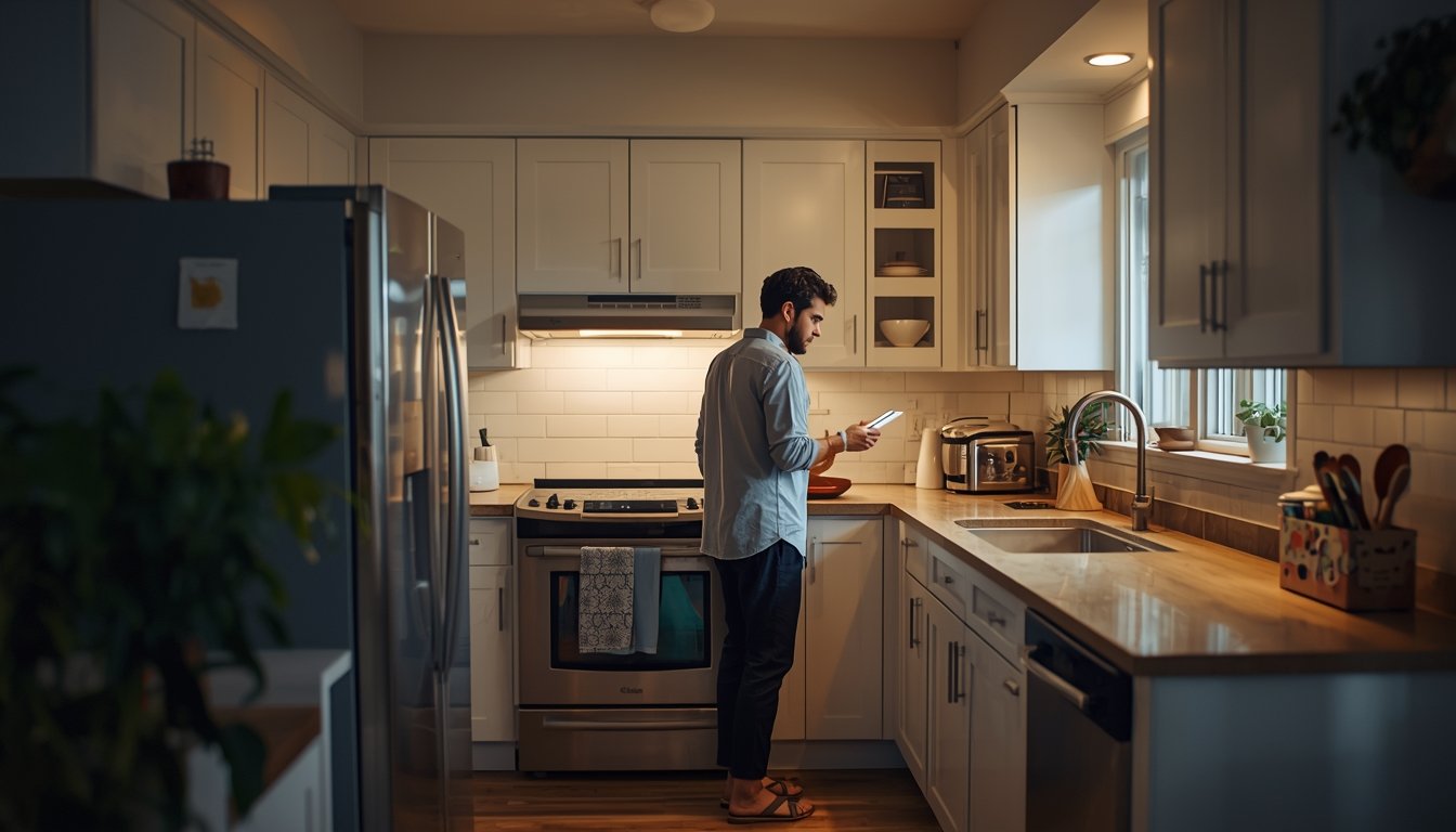 A homeowner reviewing backup power costs and home energy equipment in a modern kitchen