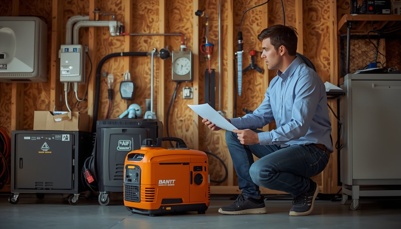 A professional installer working near home backup power equipment and a residential electrical panel