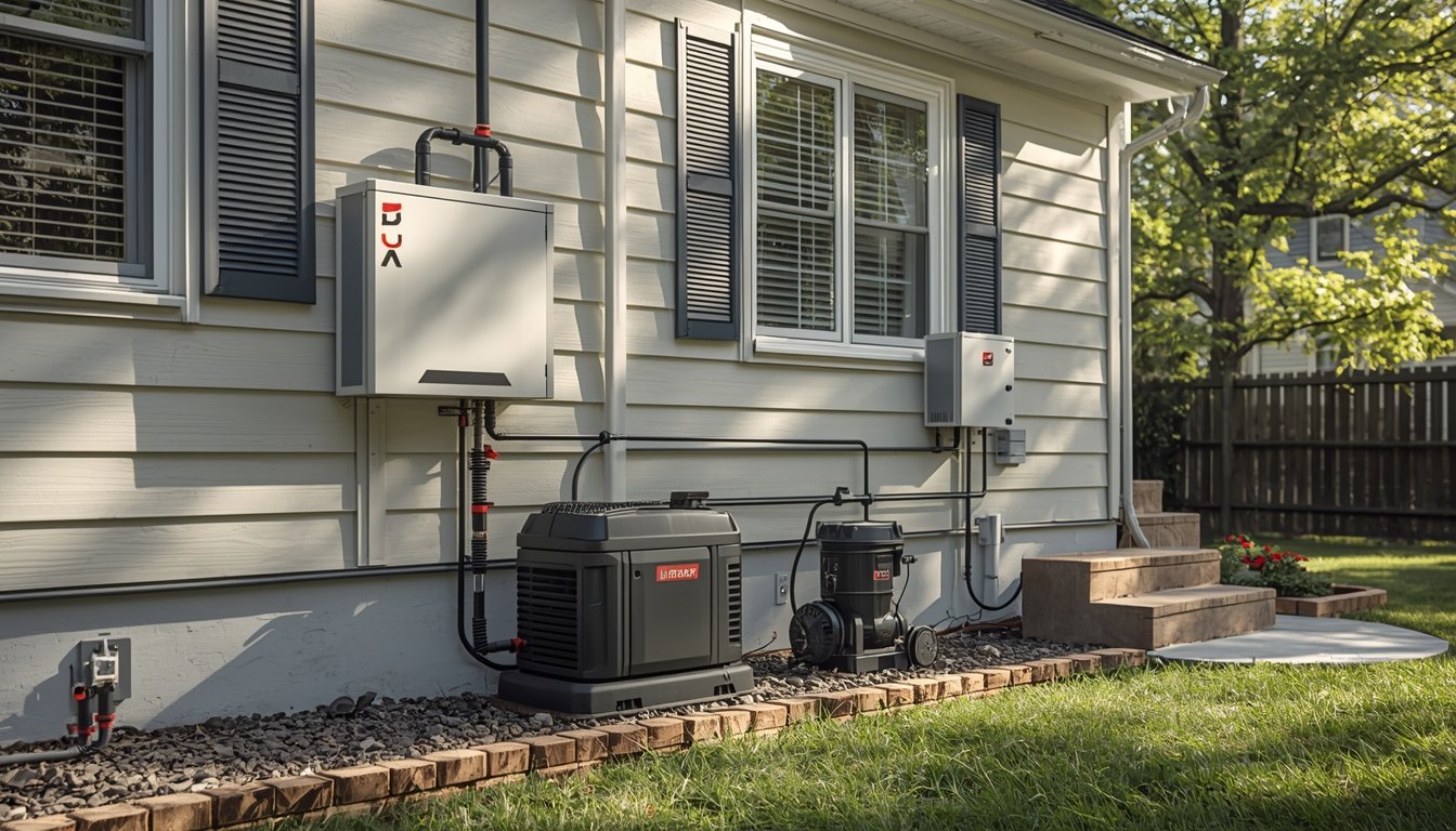 A homeowner reviewing home battery storage paperwork and backup energy equipment