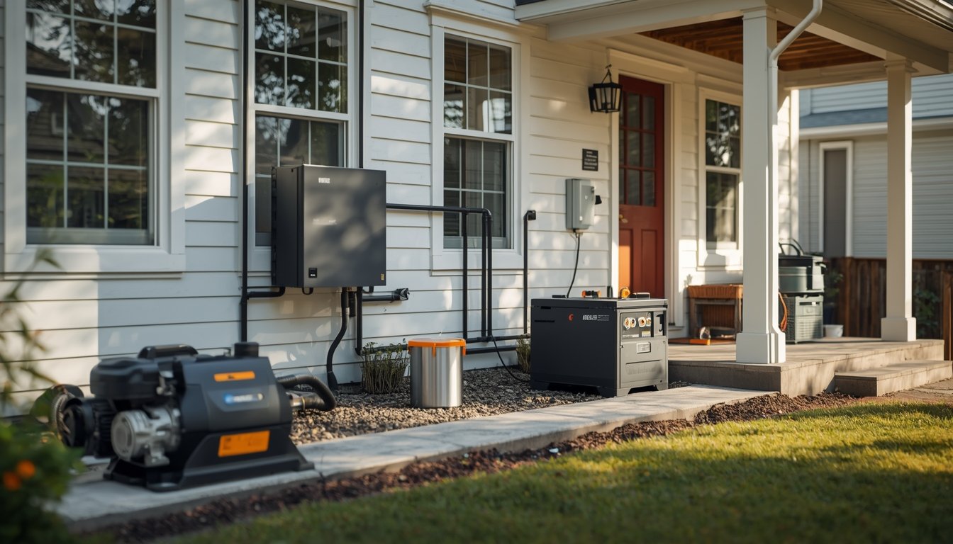 A basement sump pump and home backup power equipment used for outage protection