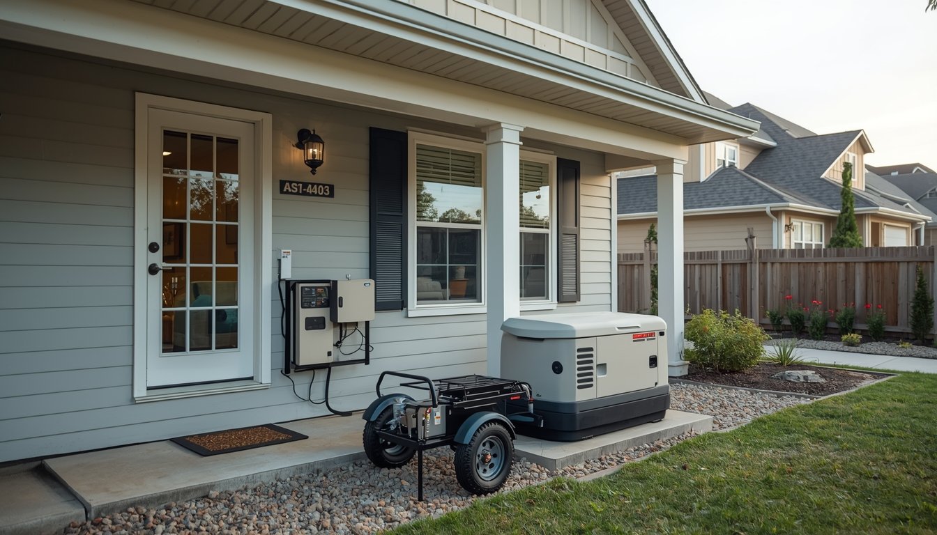 A standby generator beside a home with portable backup equipment nearby outdoors