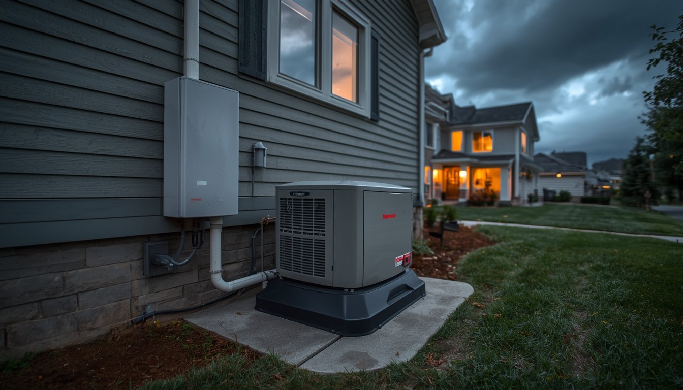 Honeywell-style 22kW home standby generator installed beside a house for backup power