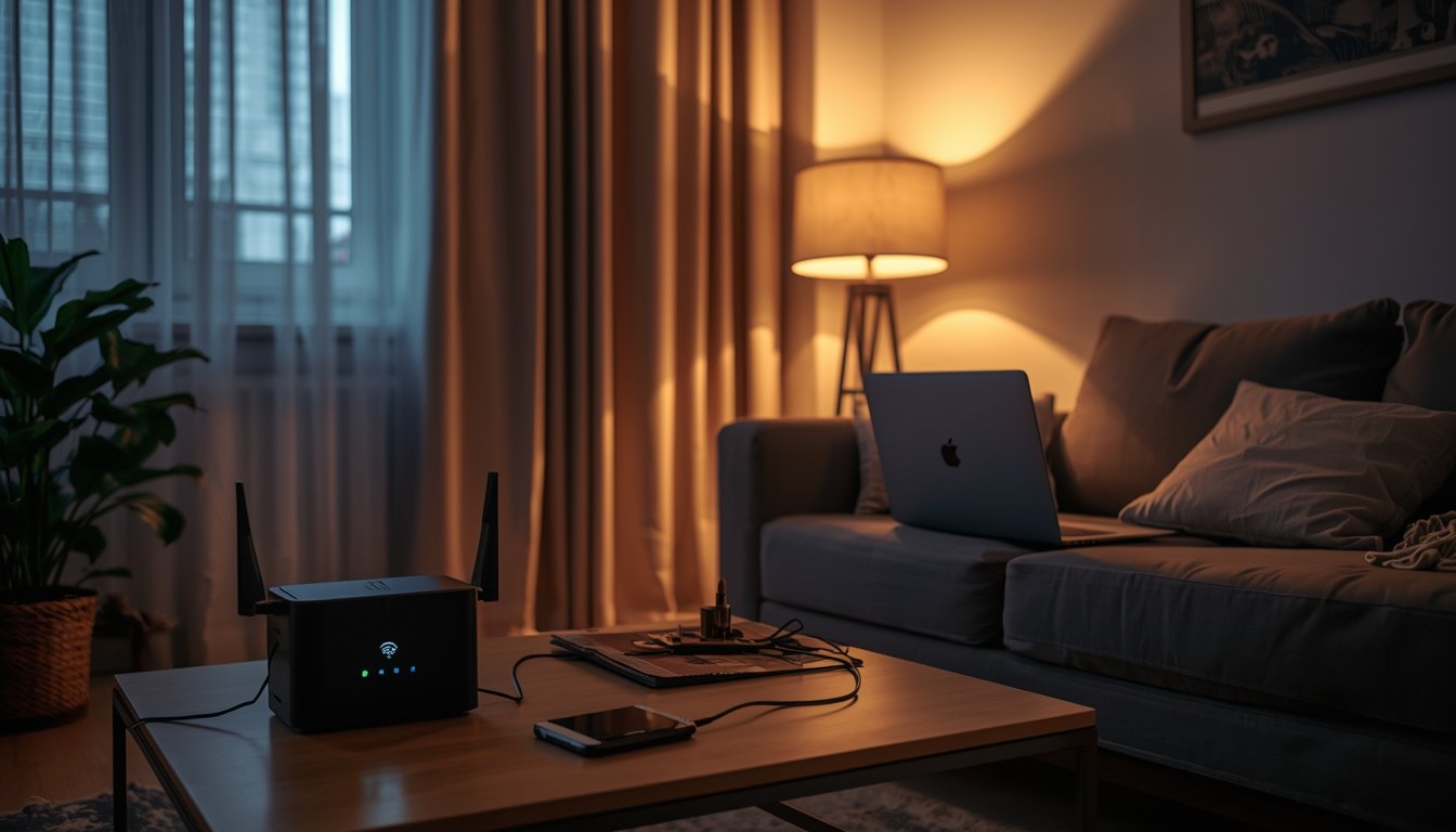 Indoor-safe backup battery powering essential devices in an apartment during a power outage