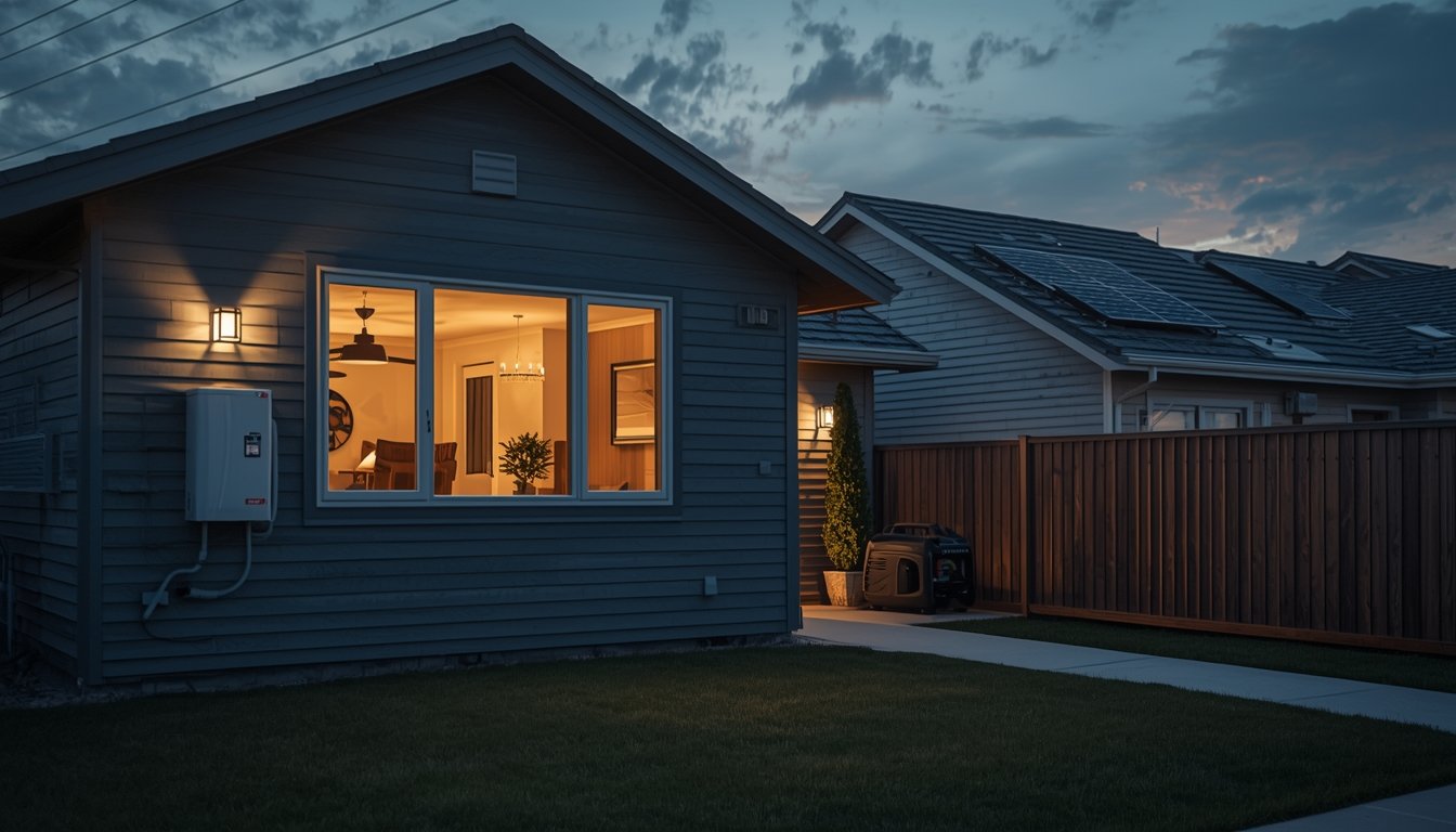Home backup power system with battery storage, standby generator, and solar panels keeping a house powered during an outage