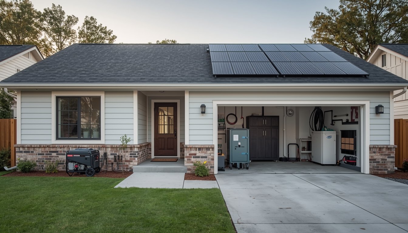 A suburban home prepared with backup power equipment including a standby generator, solar panels, and a home battery system
