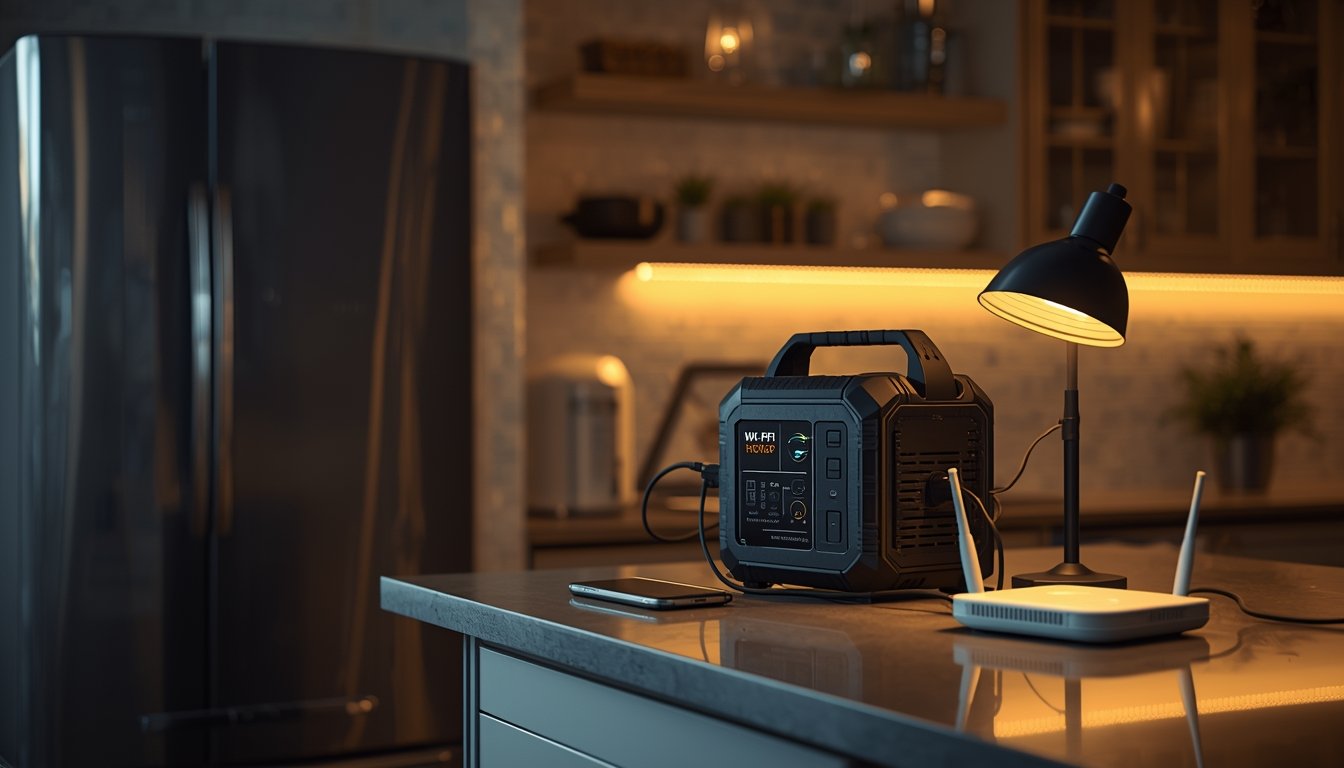 Portable power station providing indoor backup power for home essentials during an outage