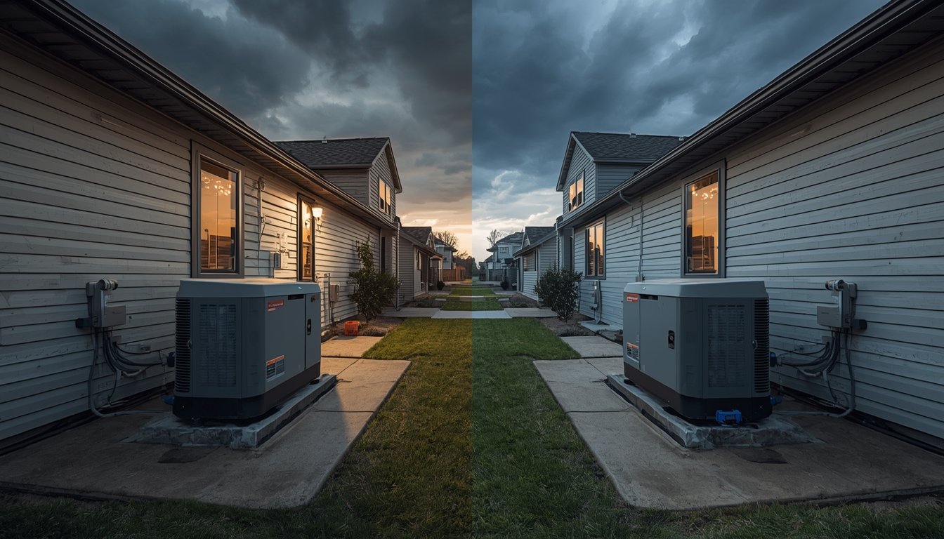 Comparison of two home standby generators installed outside homes for automatic backup power