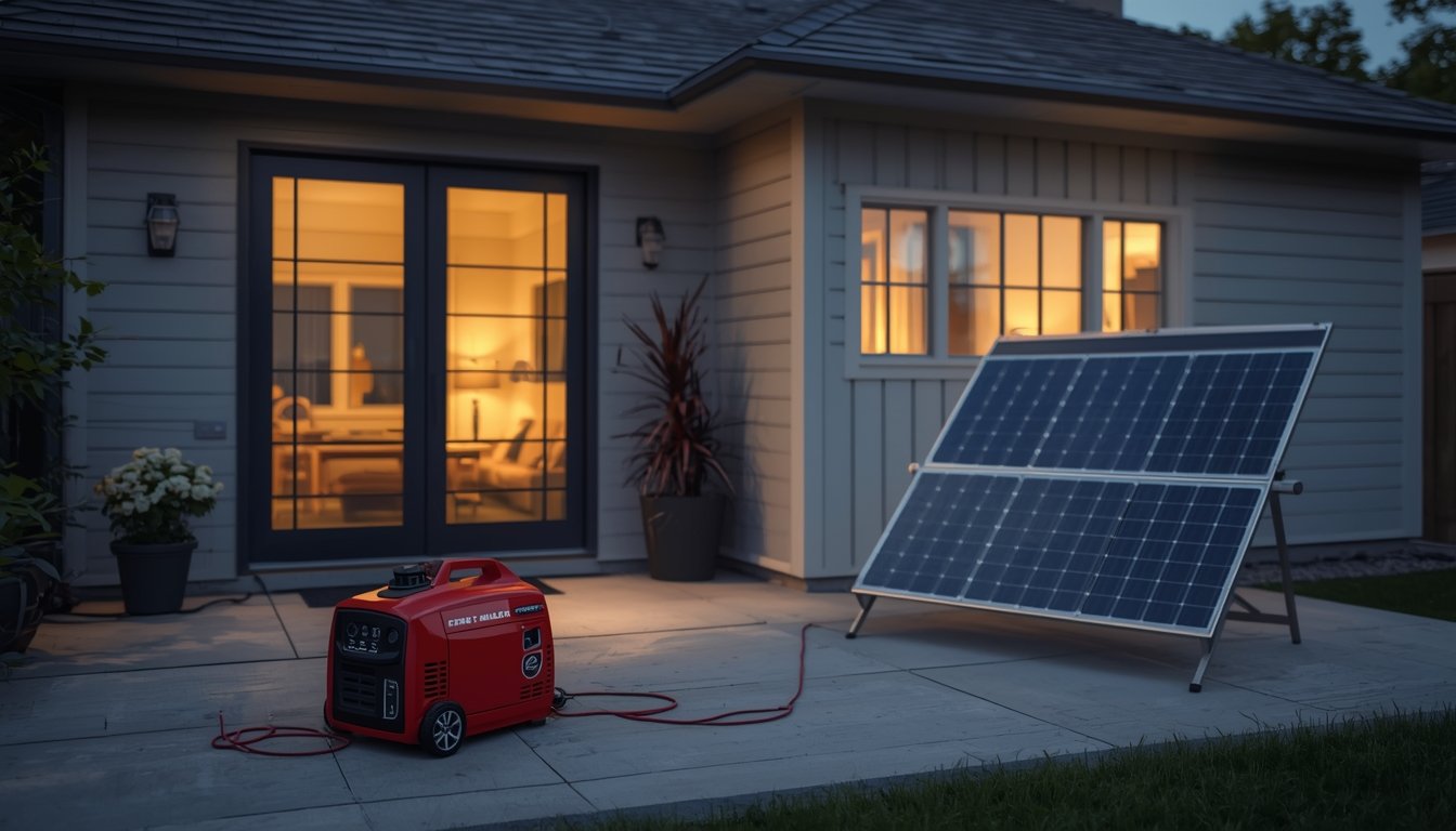 Solar generator with portable power station and solar panels providing backup power for a home during an outage