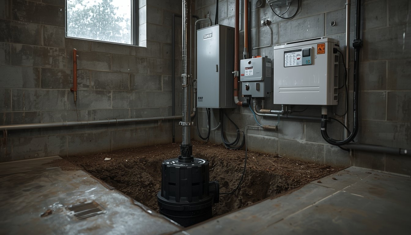Battery backup pump added to an existing sump pump system for basement flood protection during power outages