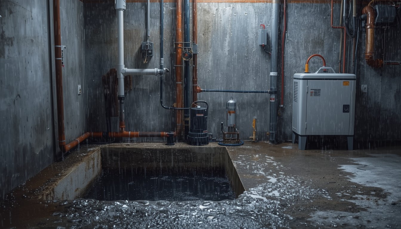 Battery backup sump pump system installed in a basement to protect against flooding during a power outage