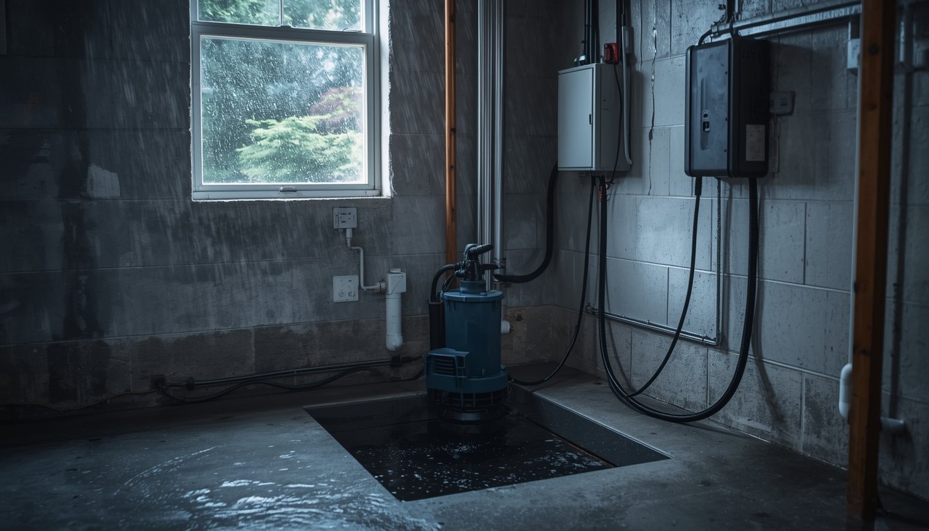 Battery backup system running a sump pump during a power outage to help protect a basement from flooding
