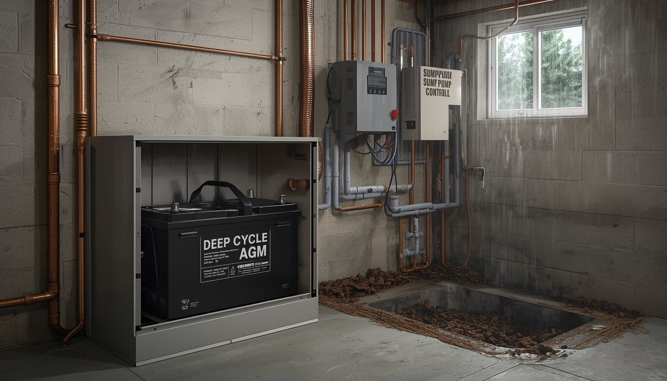Deep cycle battery used with a sump pump backup system for basement flood protection during power outages