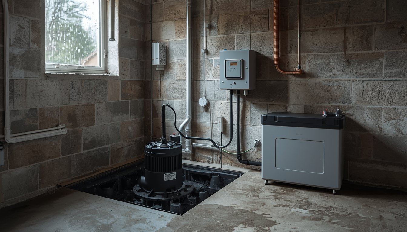 Sump pump with battery backup system installed in a basement for flood protection during power outages