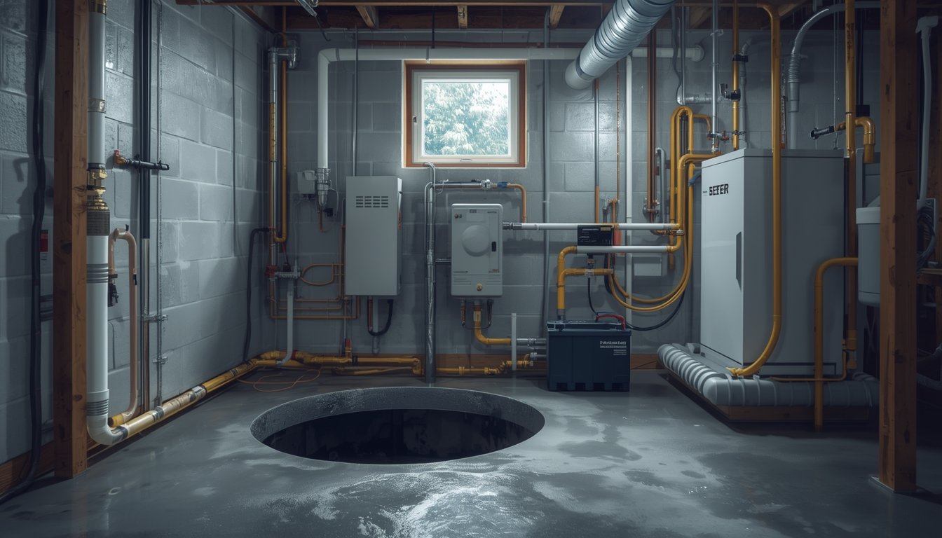 Battery backup kit for sump pump installation in a basement during power outage preparation