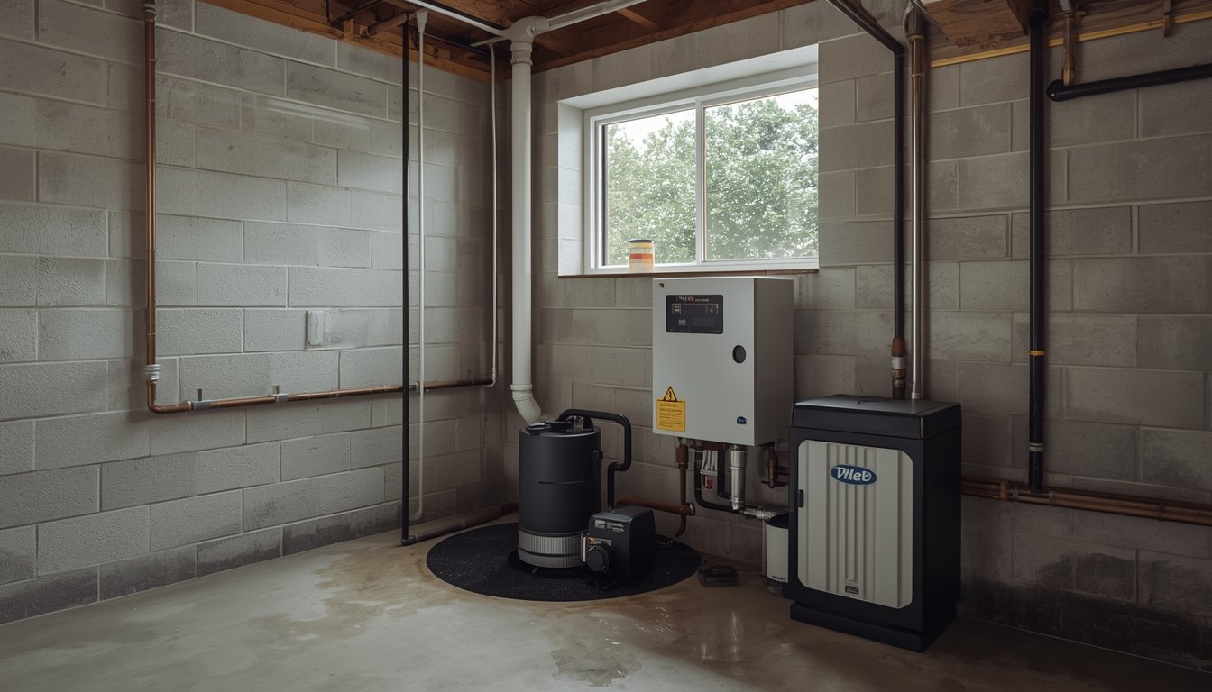 Sump pump inverter backup system connected to a battery for basement flood protection during power outages