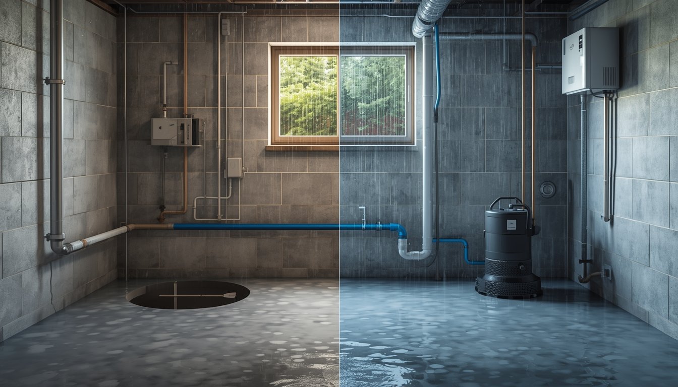 Battery backup sump pump compared with water-powered backup sump pump for basement flood protection
