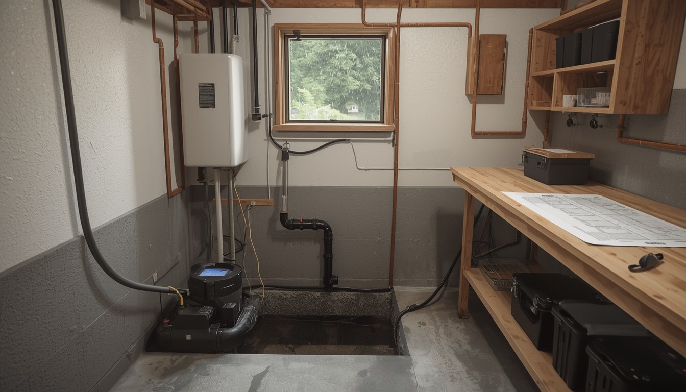 Backup battery sized for a sump pump system to help protect a basement during power outages