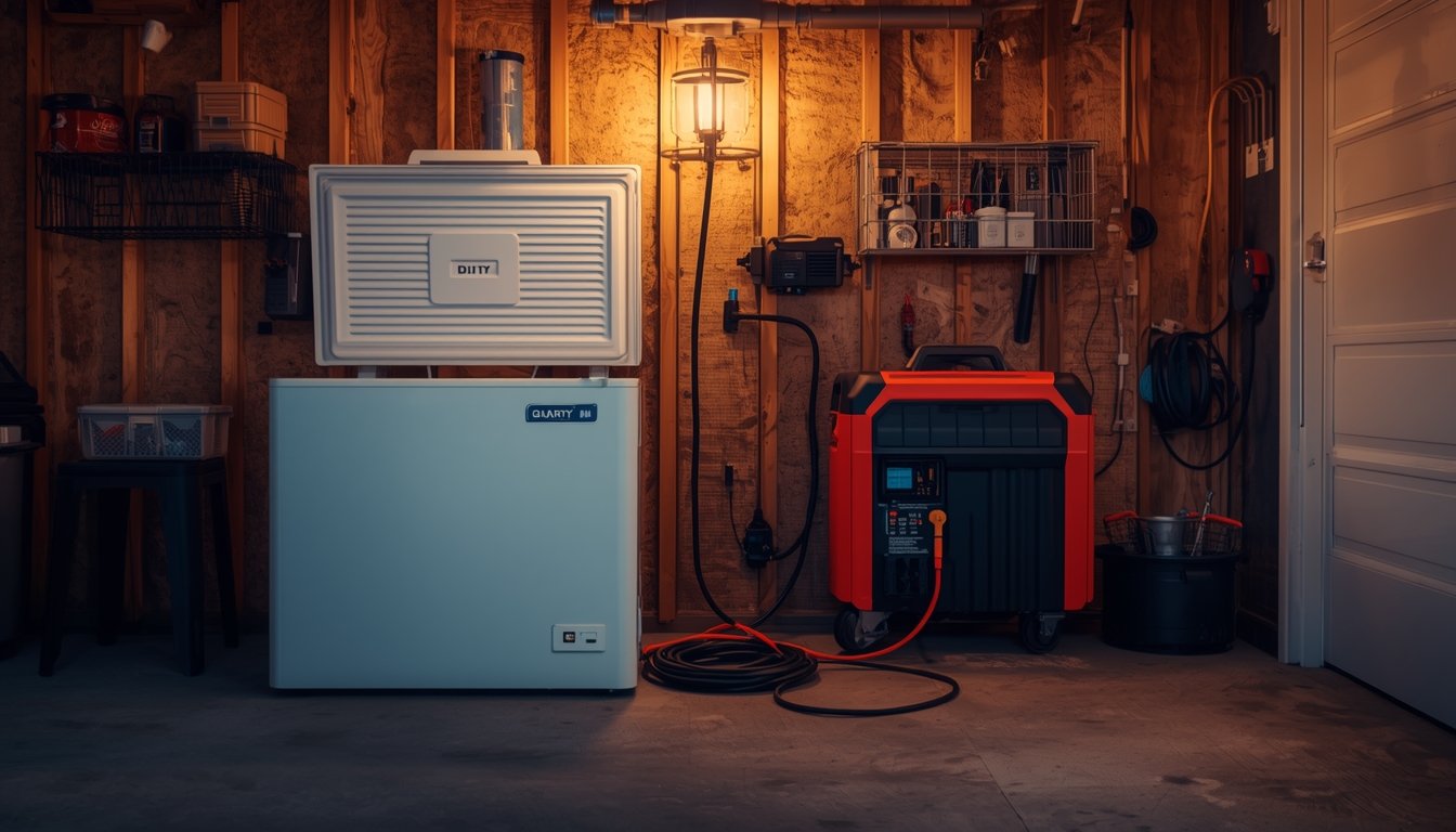 Portable battery backup power station keeping a chest freezer running during a power outage