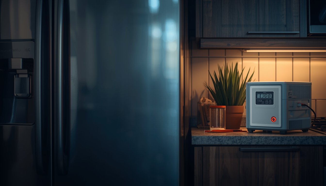 Portable battery backup running a refrigerator during a power outage