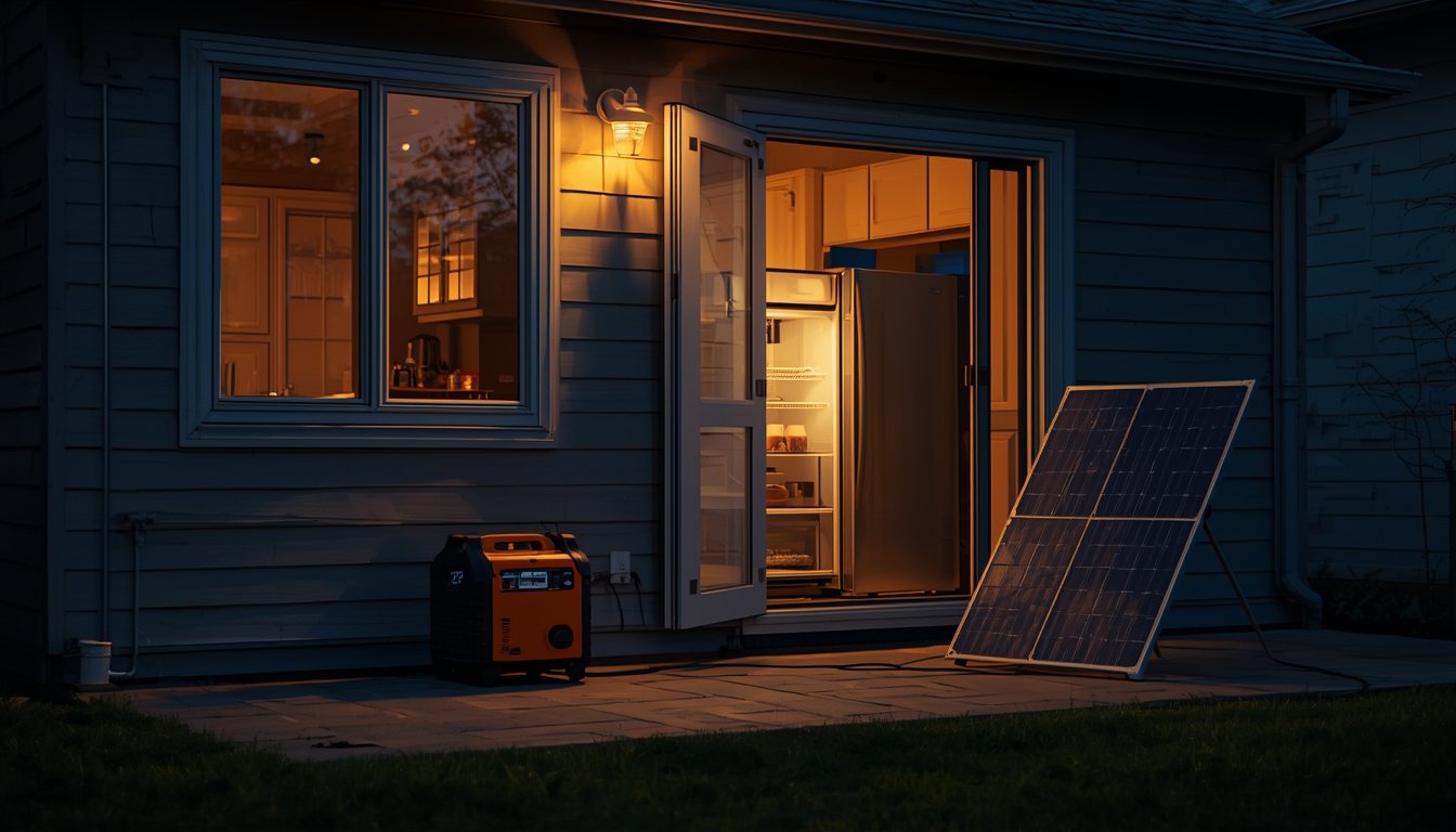 Solar generator with portable power station and solar panel providing backup power for a refrigerator during an outage