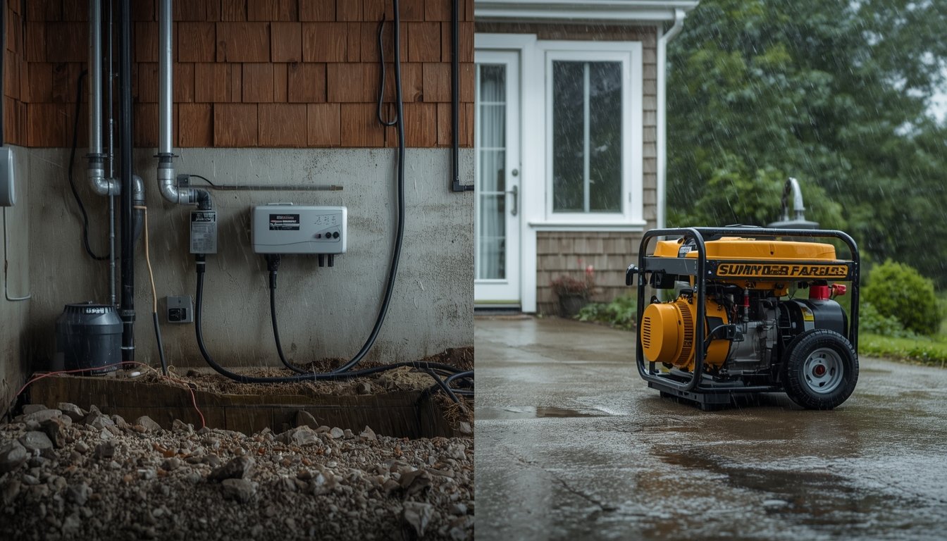 Sump pump battery backup system compared with portable generator power for basement flood protection during outages